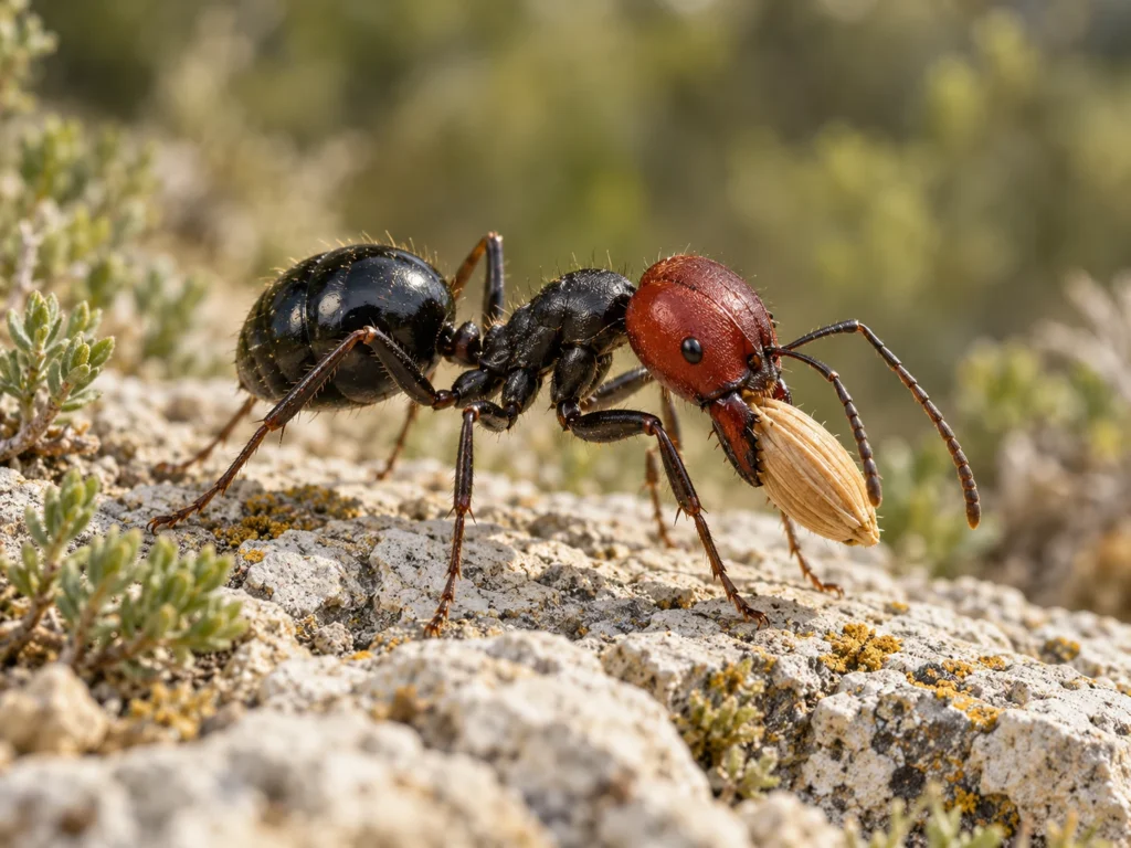 Red-headed harvester ant carrying a seed; AI-generated illustration
