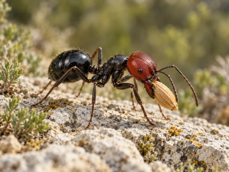 Red-headed harvester ant carrying a seed; AI-generated illustration