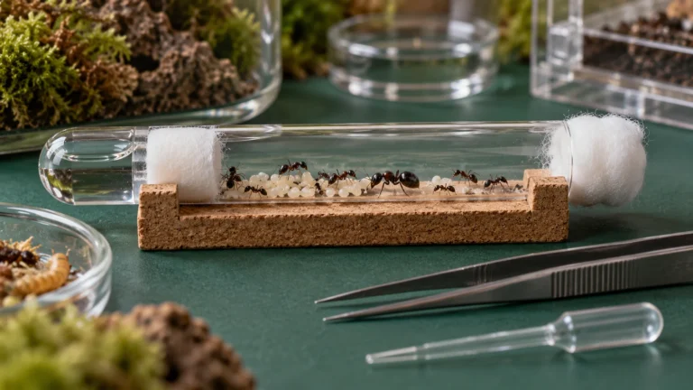Ant colony in a cotton-stoppered test tube; AI-generated illustration