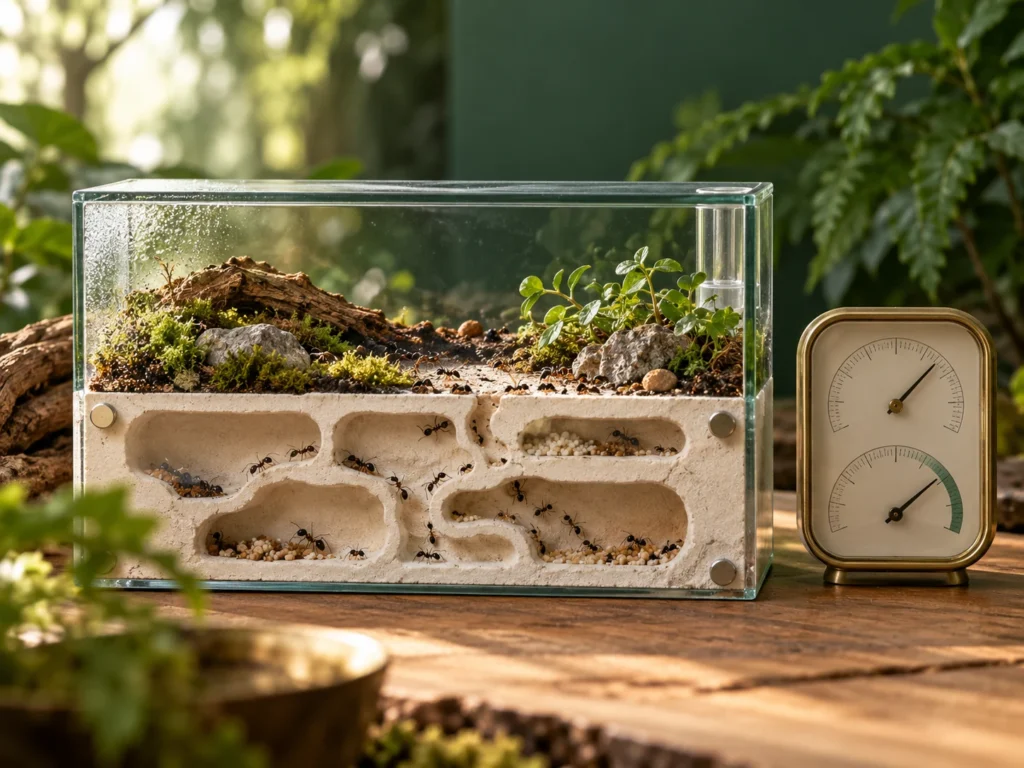 Ant habitat with temperature and humidity gauges; AI-generated illustration
