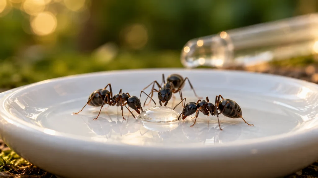 Ants drinking a small sugar-water droplet; AI-generated illustration