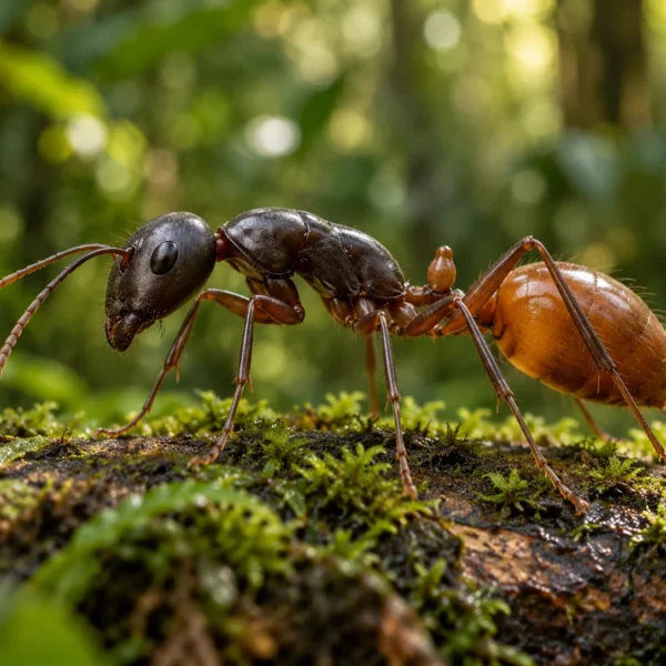 Giant forest ant on mossy bark; AI-generated illustration