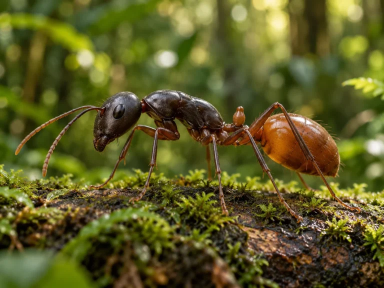 Giant forest ant on mossy bark; AI-generated illustration