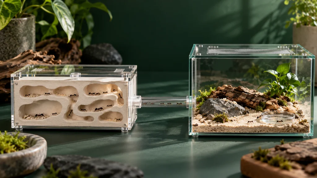 Plaster ant nest connected to a glass outworld; AI-generated illustration