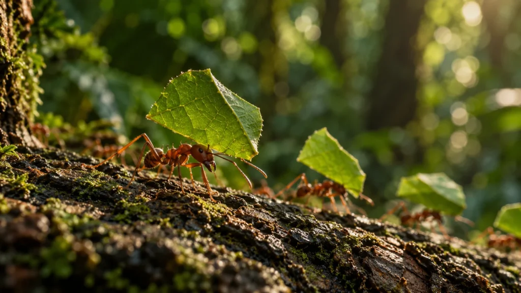 Leafcutter ants carrying fresh leaves; AI-generated illustration