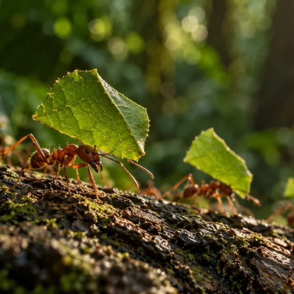Leafcutter ants carrying fresh leaves; AI-generated illustration