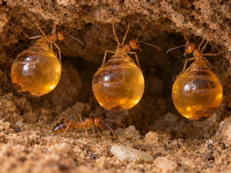 Honeypot ants in an earthen chamber; AI-generated illustration