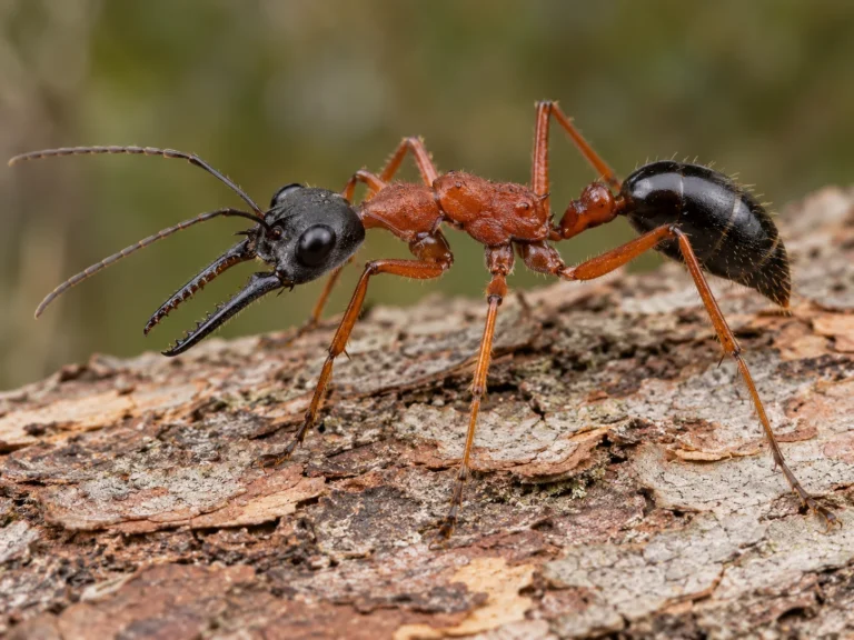 Black-headed bull ant on bark; AI-generated illustration
