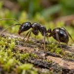 Black garden ant on mossy wood; AI-generated illustration