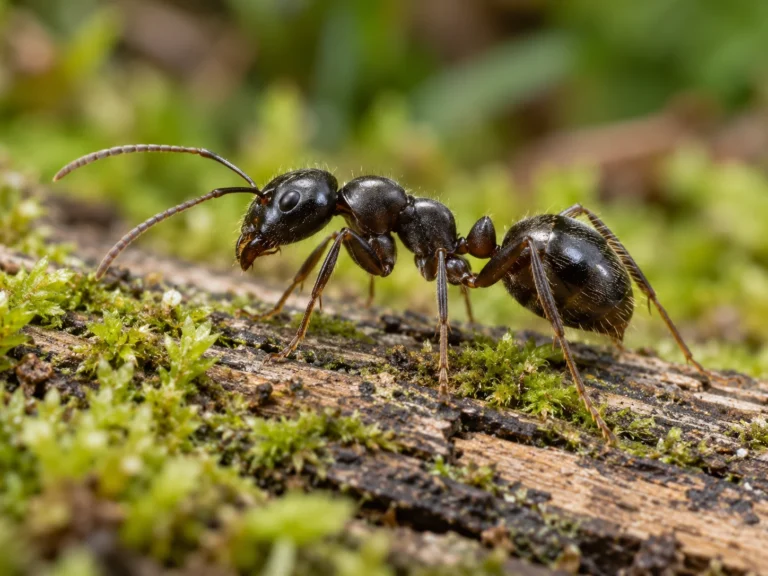 Black garden ant on mossy wood; AI-generated illustration