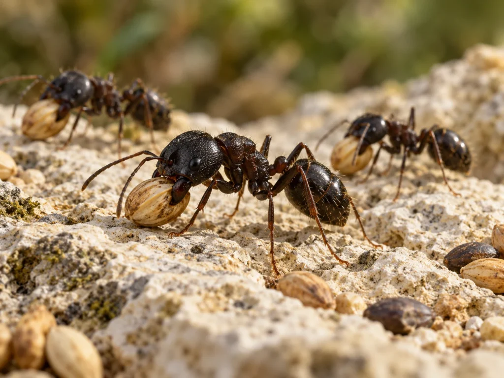 Dark harvester ants carrying seeds; AI-generated illustration