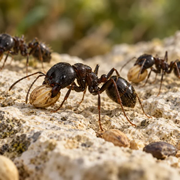 Dark harvester ants carrying seeds; AI-generated illustration